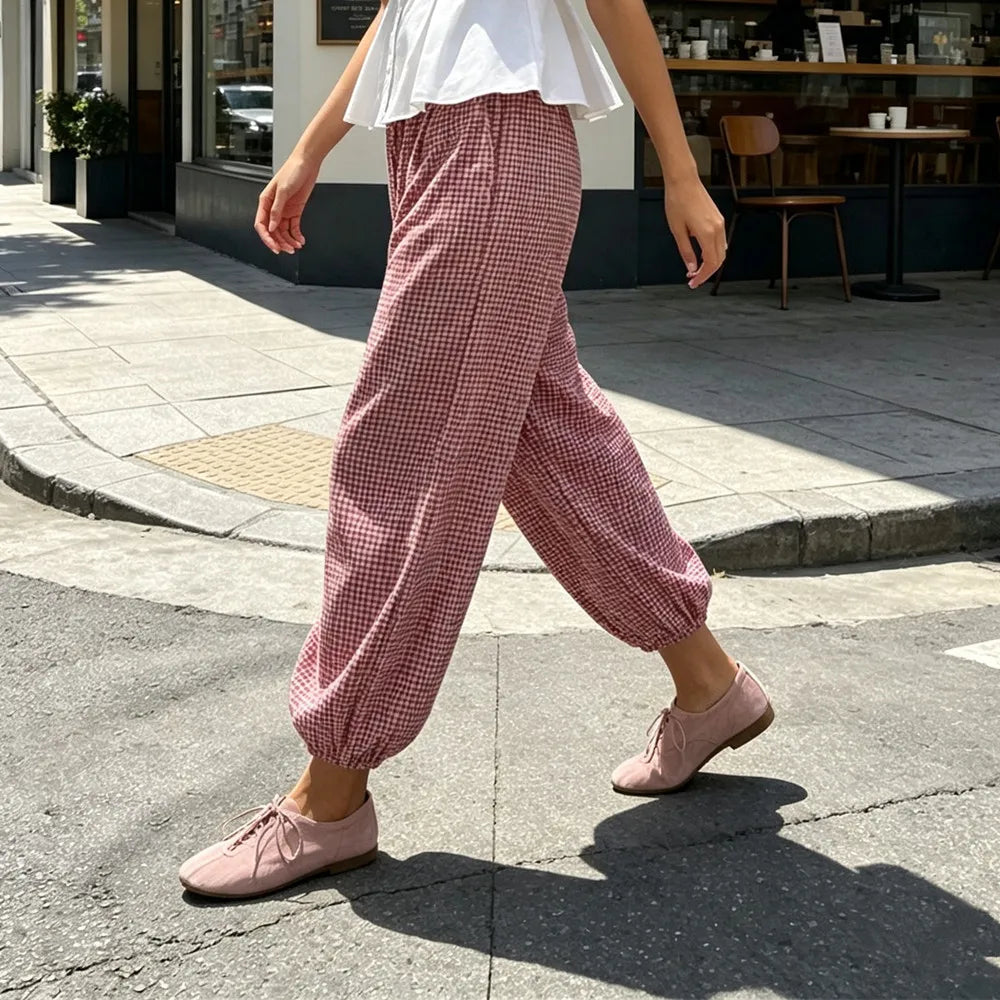 Ladies Vintage New Pants Women Chic Lace-Up Plaid Drawstring Beach Vacation Casual Lantern Pants Women Trousers Long Pant Female