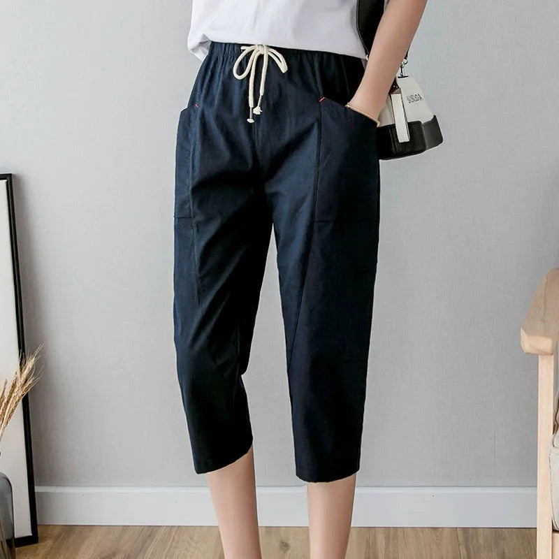 Summer Women Thin Cropped Pants Solid Color Casual All-match Elastic Waist Pencil Pants Woman Simple Basic Pockets Harem Pants