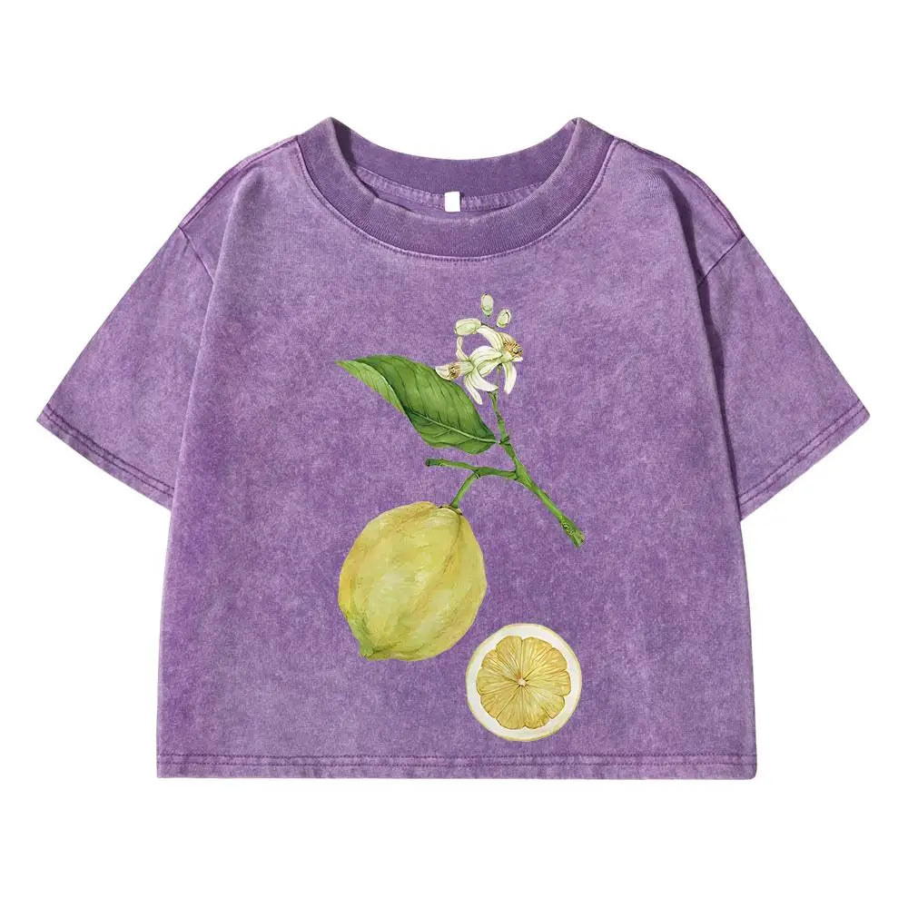 Lemon Branches Simple Printing Female Washed Short T-Shirt Summer Cool T Shirts Distress Hip Hop Clothes Breathable Soft Tops