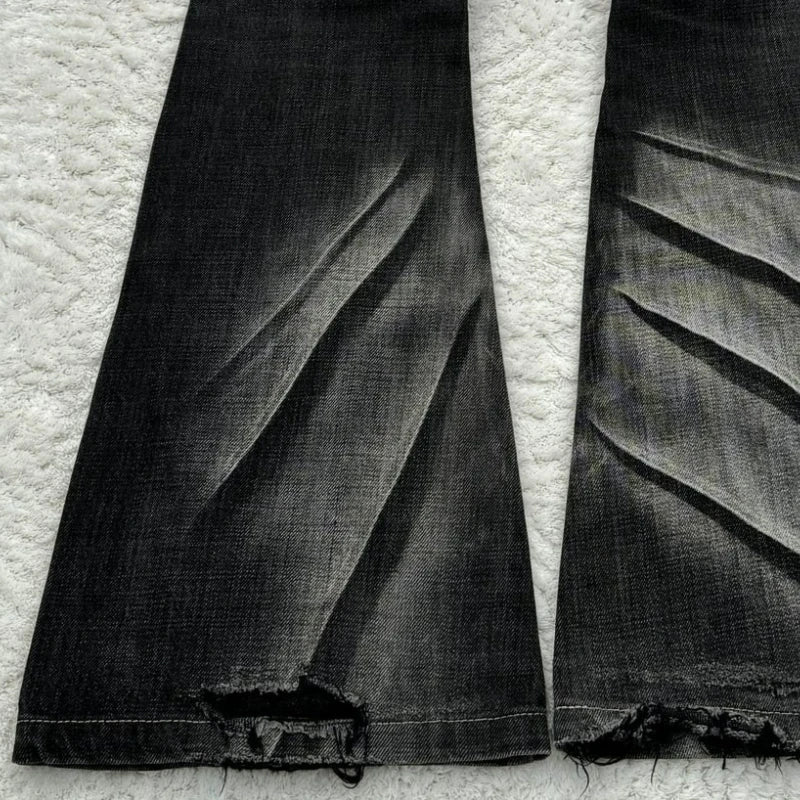 New Y2K Retro Flared Women Jeans Gothic Men Double Waist Strappy Jeans Washed Scratched Streetwear Unisex Boot Cut Jeans