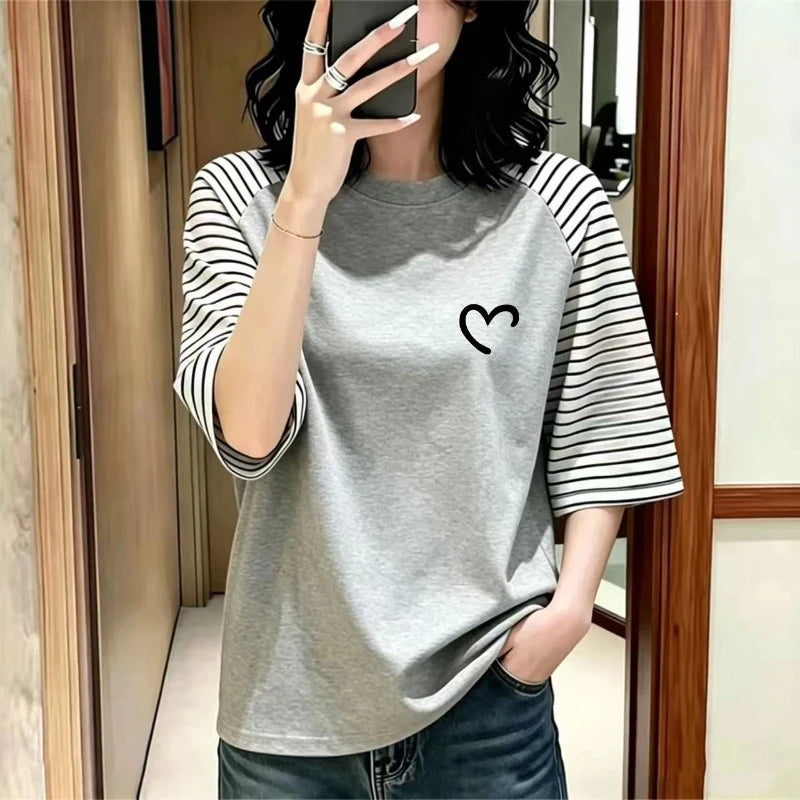 Vintage Striped Contrast Patchwork Half Sleeve Tops Summer New O-neck All-match Casual T Shirts Trend Fashion Women Clothing