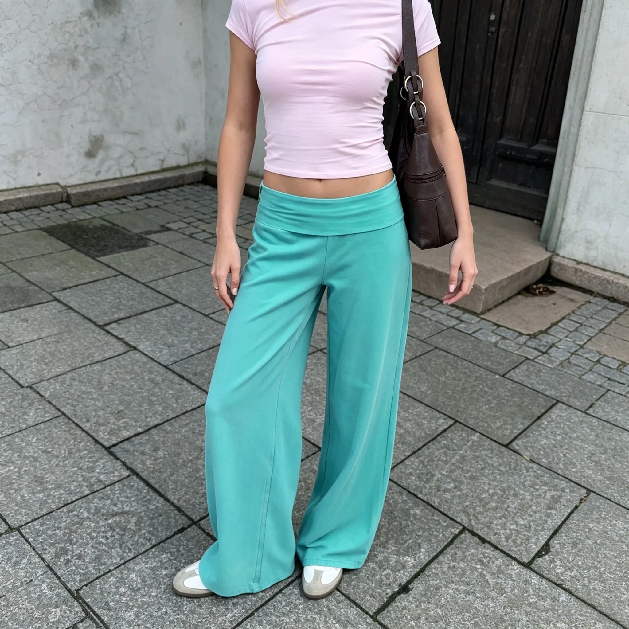 Autumn Fold Over Waistband Flare Sweatpants Leggings for Women Cotton Loose Fits Low Rise Wide Leg Yoga Lounge Pants Trousers
