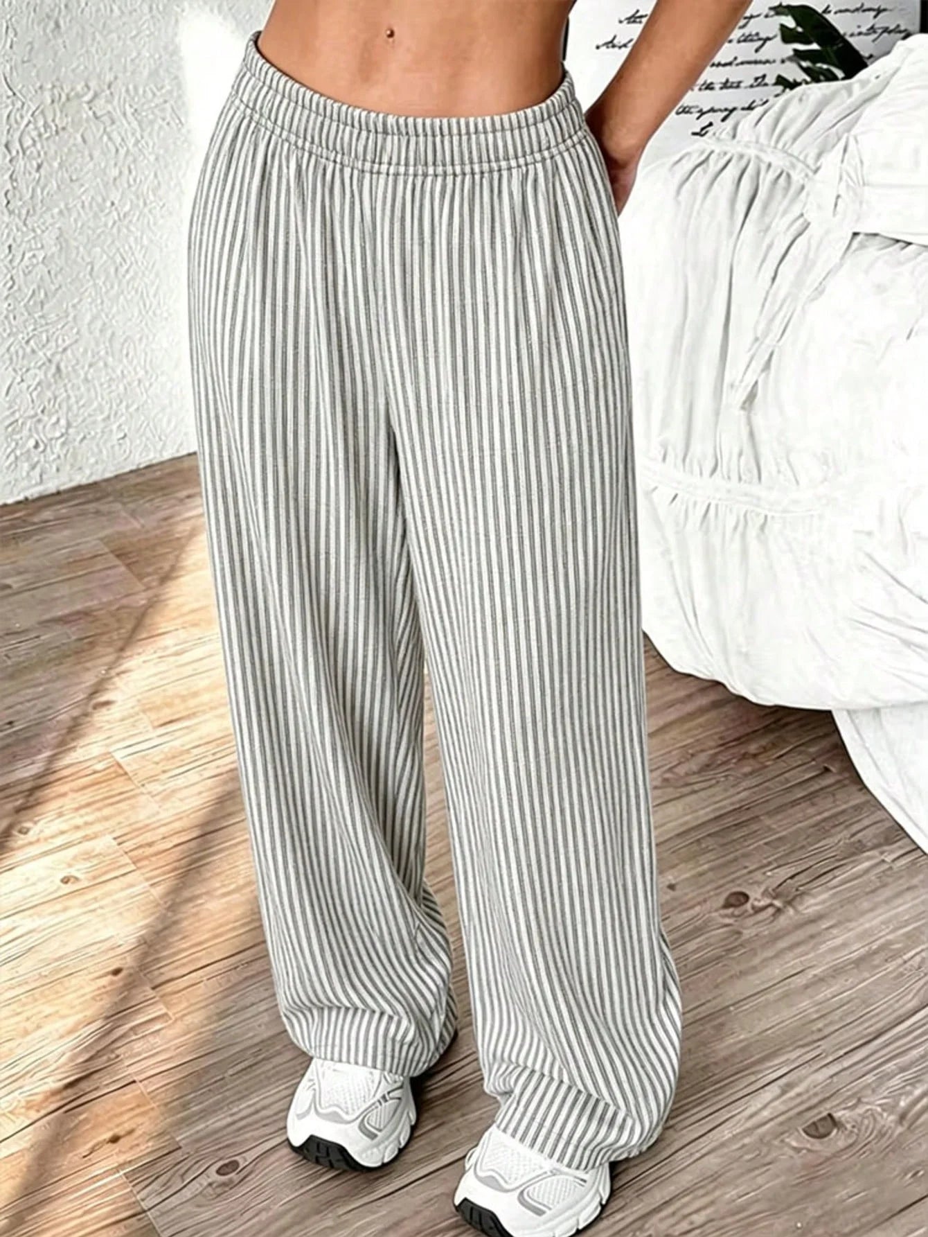 Womens Summer Striped Ice Silk Wide Leg Pants Elastic Waist Straight Leg Trousers Slim Fit Casual Lounge Leggings Daily Wear