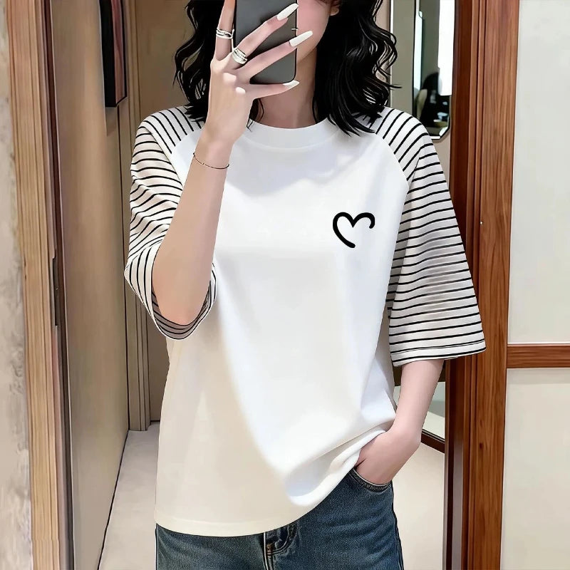 Vintage Striped Contrast Patchwork Half Sleeve Tops Summer New O-neck All-match Casual T Shirts Trend Fashion Women Clothing