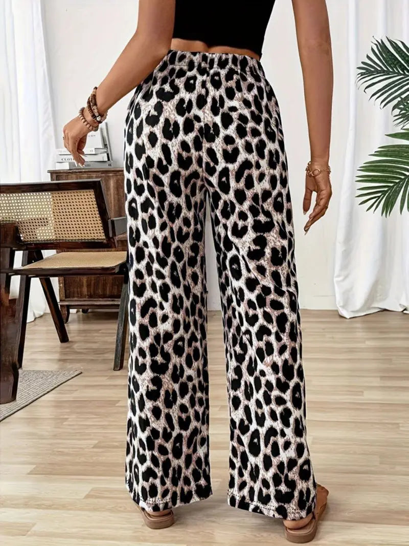 Retro Classic Leopard Print High-Waisted Wide-Leg Pants Loose Casual Floor-Length Trousers