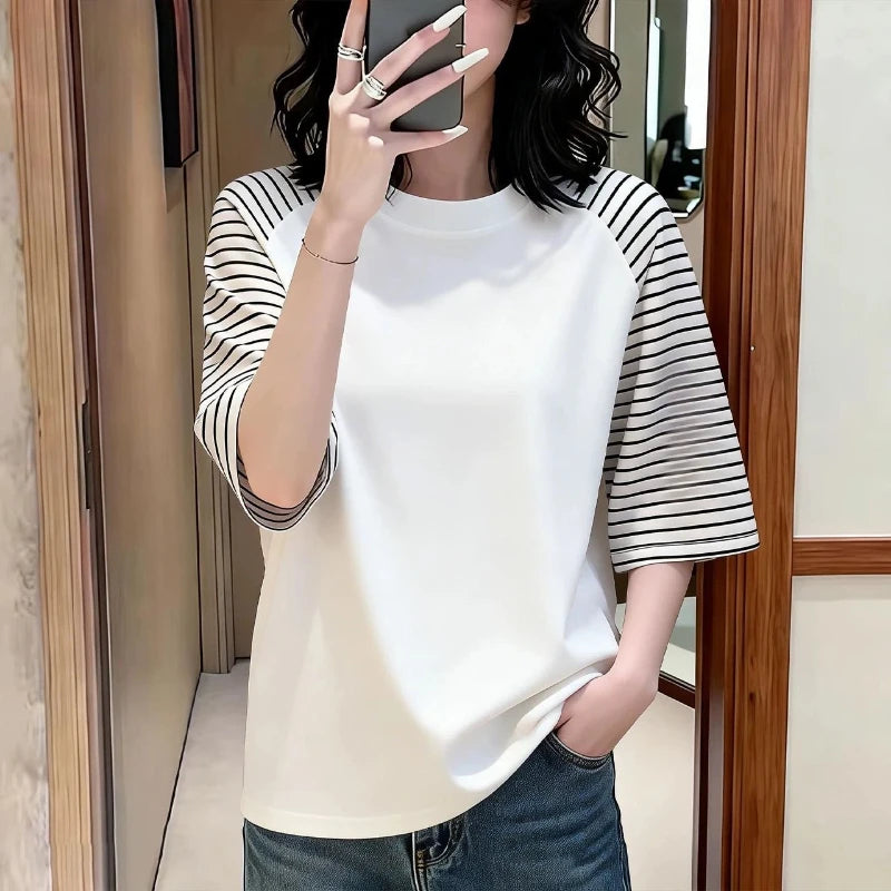 Vintage Striped Contrast Patchwork Half Sleeve Tops Summer New O-neck All-match Casual T Shirts Trend Fashion Women Clothing