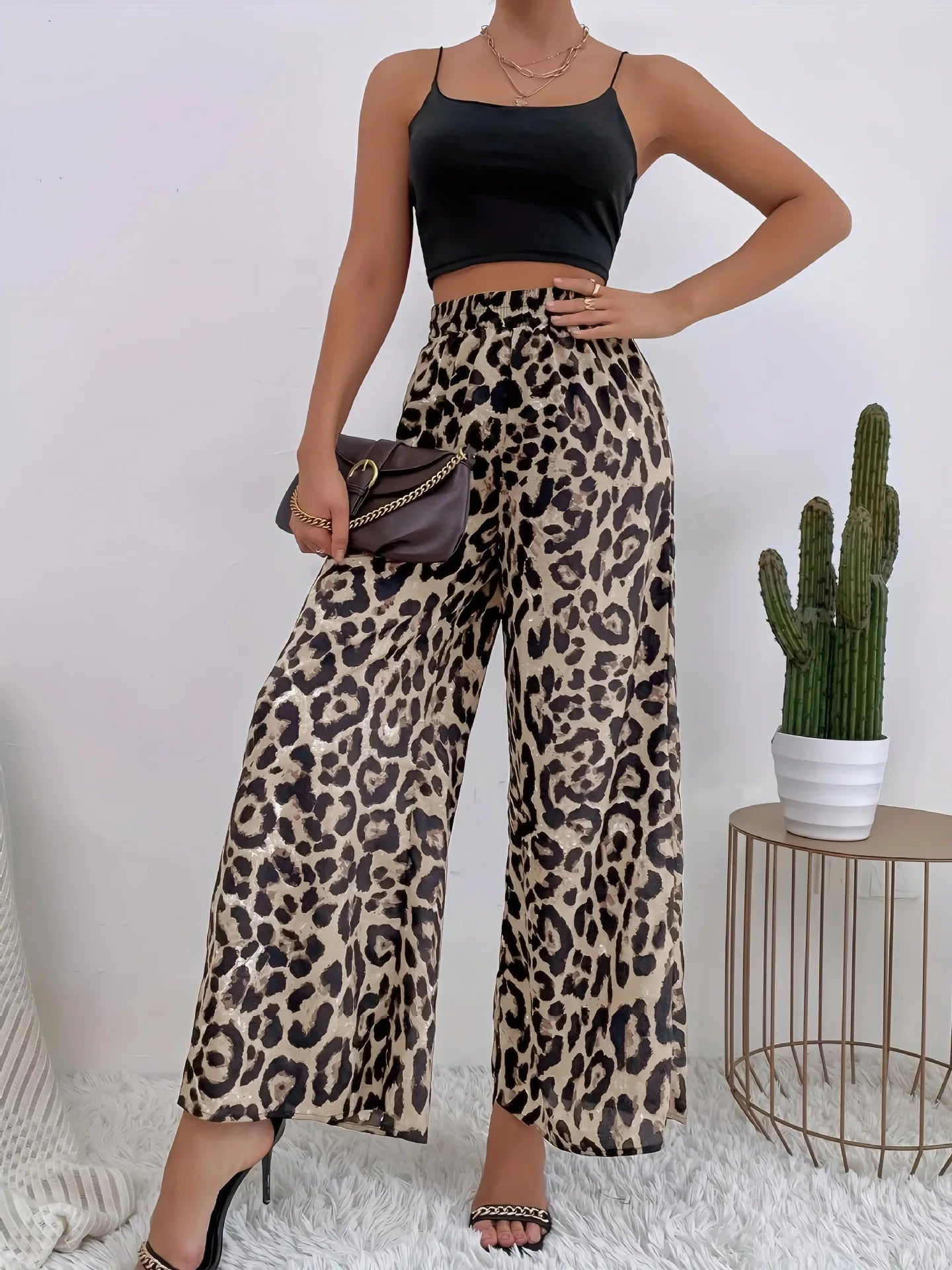 2025 summer INS trendy temperament leopard print casual straight leg women's pants versatile elastic waist wide leg pants