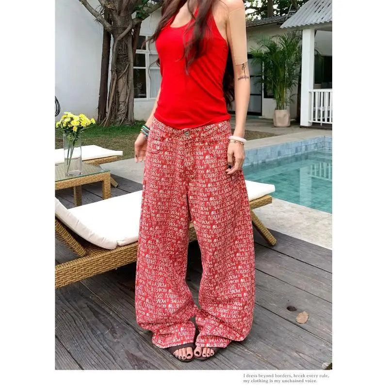 Women's Red Letter Print Casual Denim Long Pants Baggy Y2K American Streetwear Aesthetic 2000S Retro Denim Jeans Clothing 2026