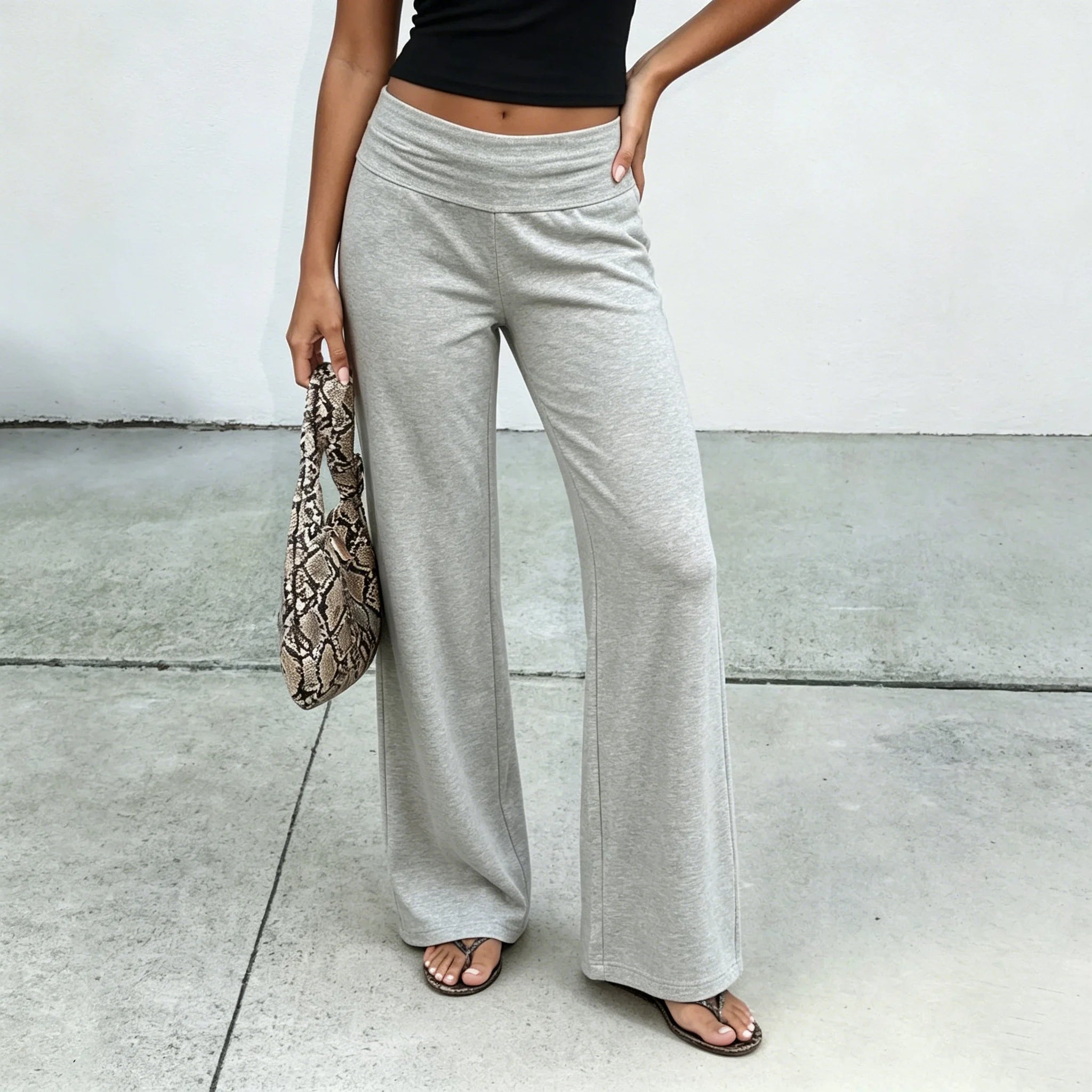 Autumn Fold Over Waistband Flare Sweatpants Leggings for Women Cotton Loose Fits Low Rise Wide Leg Yoga Lounge Pants Trousers