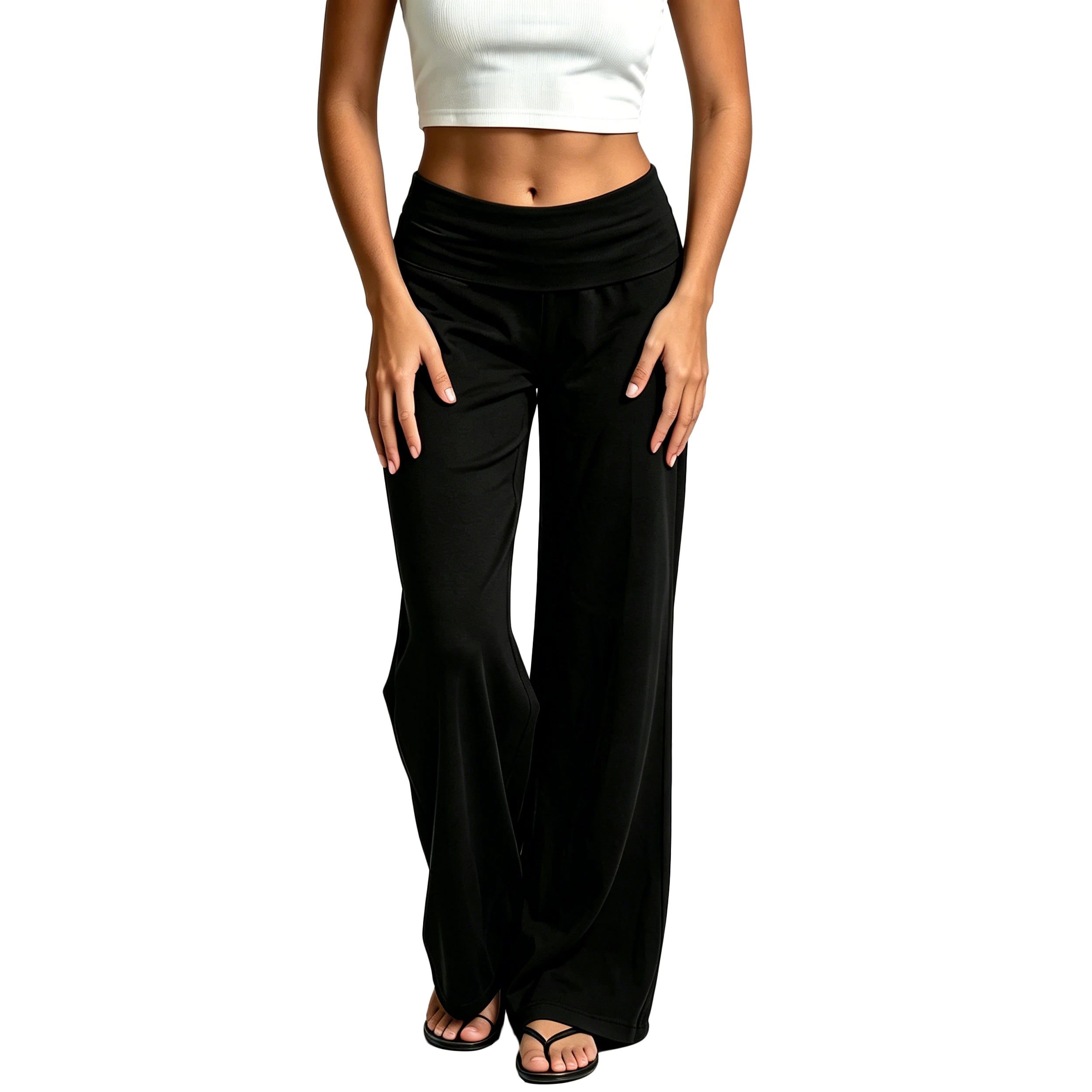 Autumn Fold Over Waistband Flare Sweatpants Leggings for Women Cotton Loose Fits Low Rise Wide Leg Yoga Lounge Pants Trousers