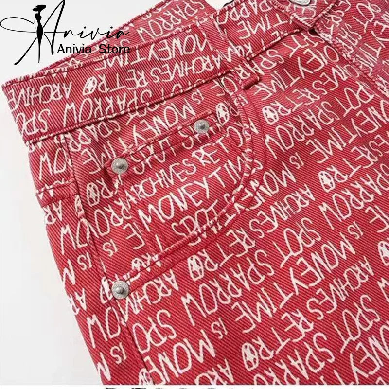 Women's Red Letter Print Casual Denim Long Pants Baggy Y2K American Streetwear Aesthetic 2000S Retro Denim Jeans Clothing 2026