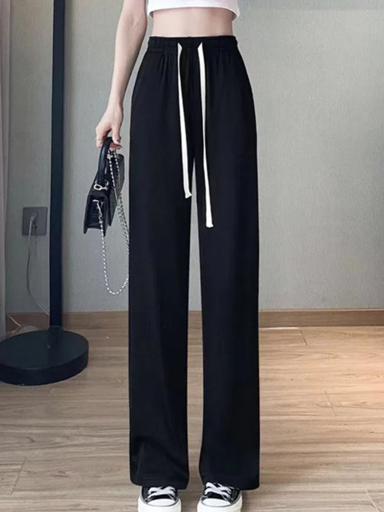 Spring Summer Women Ankle-Length Wide Leg Pants Casual Elastic Waist Loose Ice Silk Pants Trousers Sweatpants Female Clothing