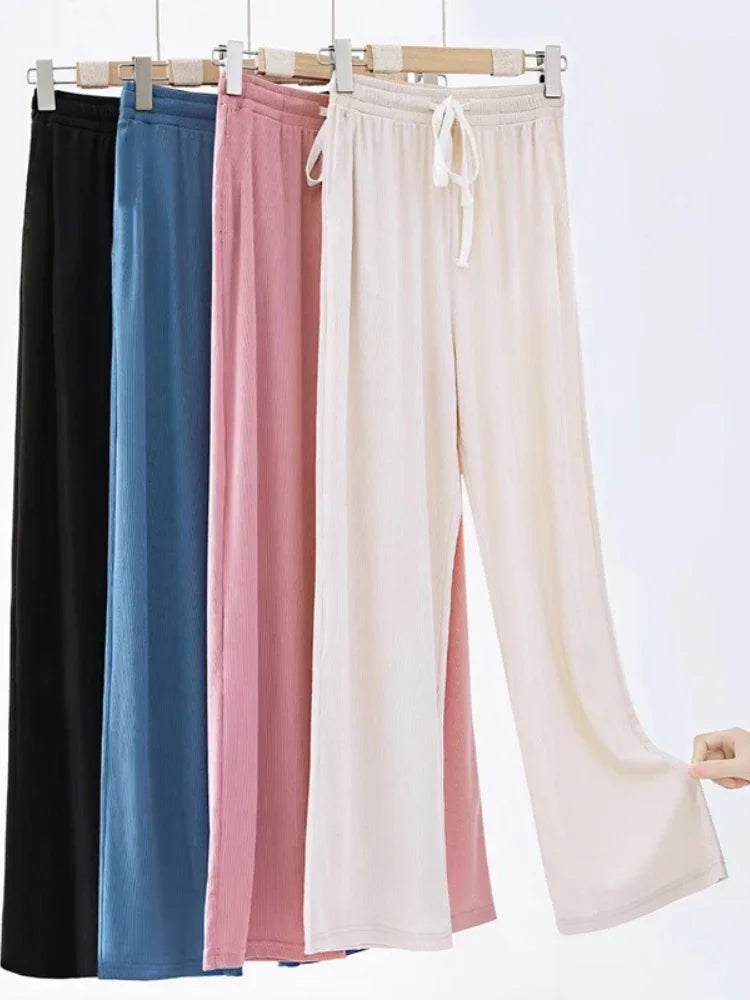 Spring Summer Women Ankle-Length Wide Leg Pants Casual Elastic Waist Loose Ice Silk Pants Trousers Sweatpants Female Clothing