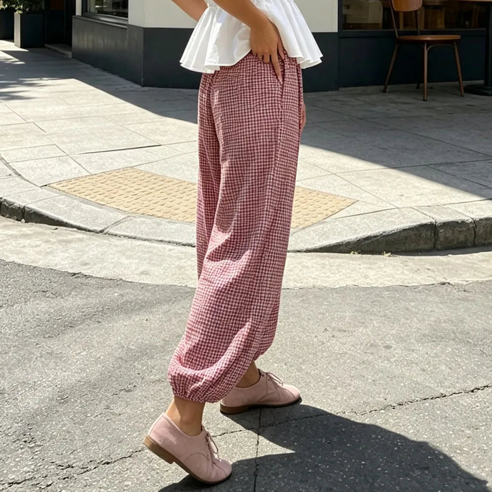 Ladies Vintage New Pants Women Chic Lace-Up Plaid Drawstring Beach Vacation Casual Lantern Pants Women Trousers Long Pant Female