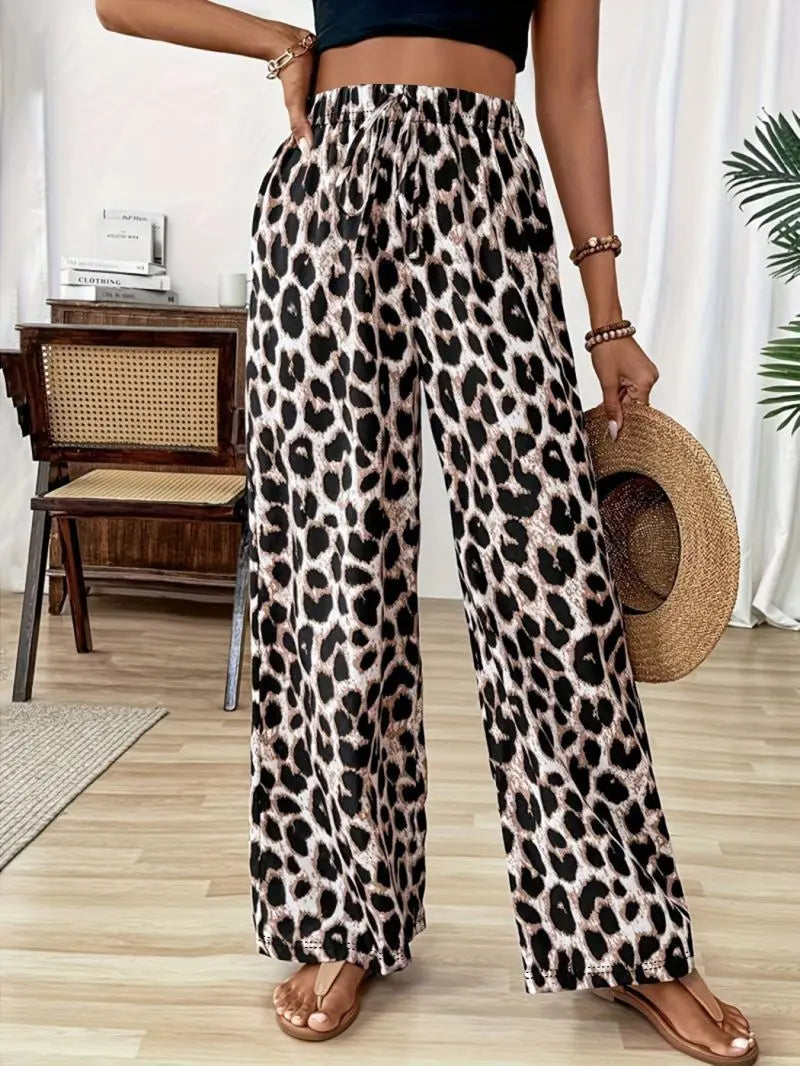 Retro Classic Leopard Print High-Waisted Wide-Leg Pants Loose Casual Floor-Length Trousers