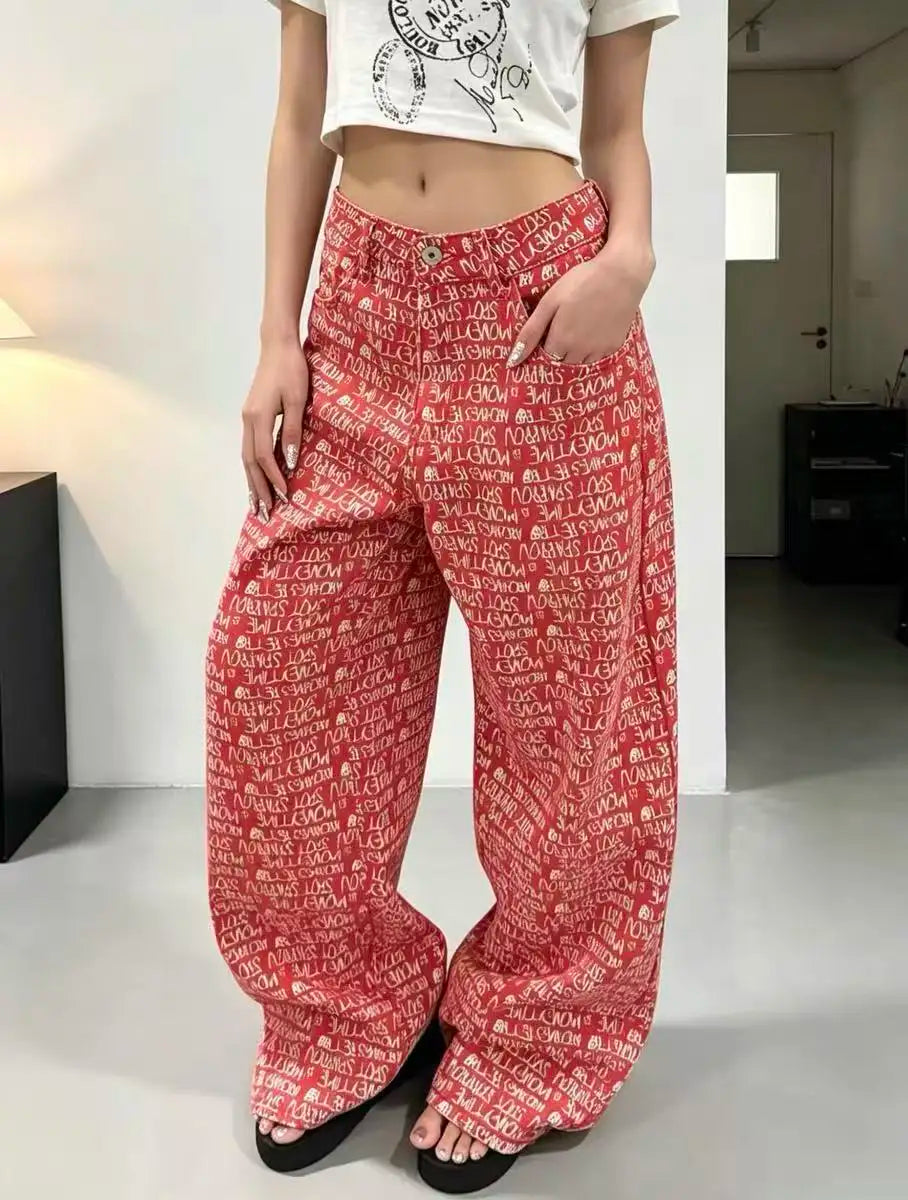 Women's Red Letter Print Casual Denim Long Pants Baggy Y2K American Streetwear Aesthetic 2000S Retro Denim Jeans Clothing 2026