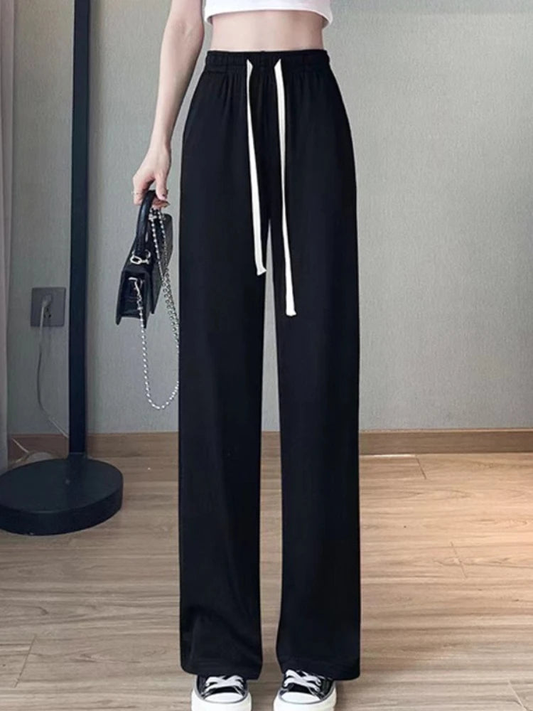 Spring Summer Women Ankle-Length Wide Leg Pants Casual Elastic Waist Loose Ice Silk Pants Trousers Sweatpants Female Clothing