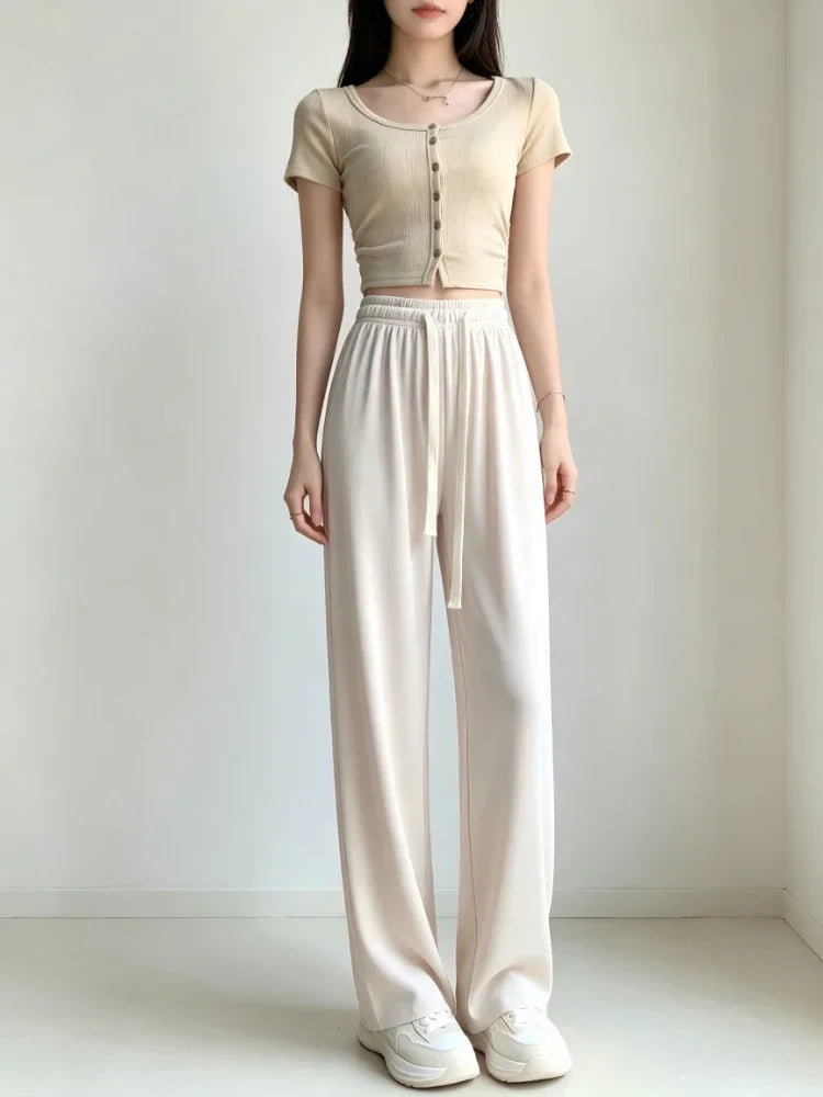Spring Summer Women Ankle-Length Wide Leg Pants Casual Elastic...