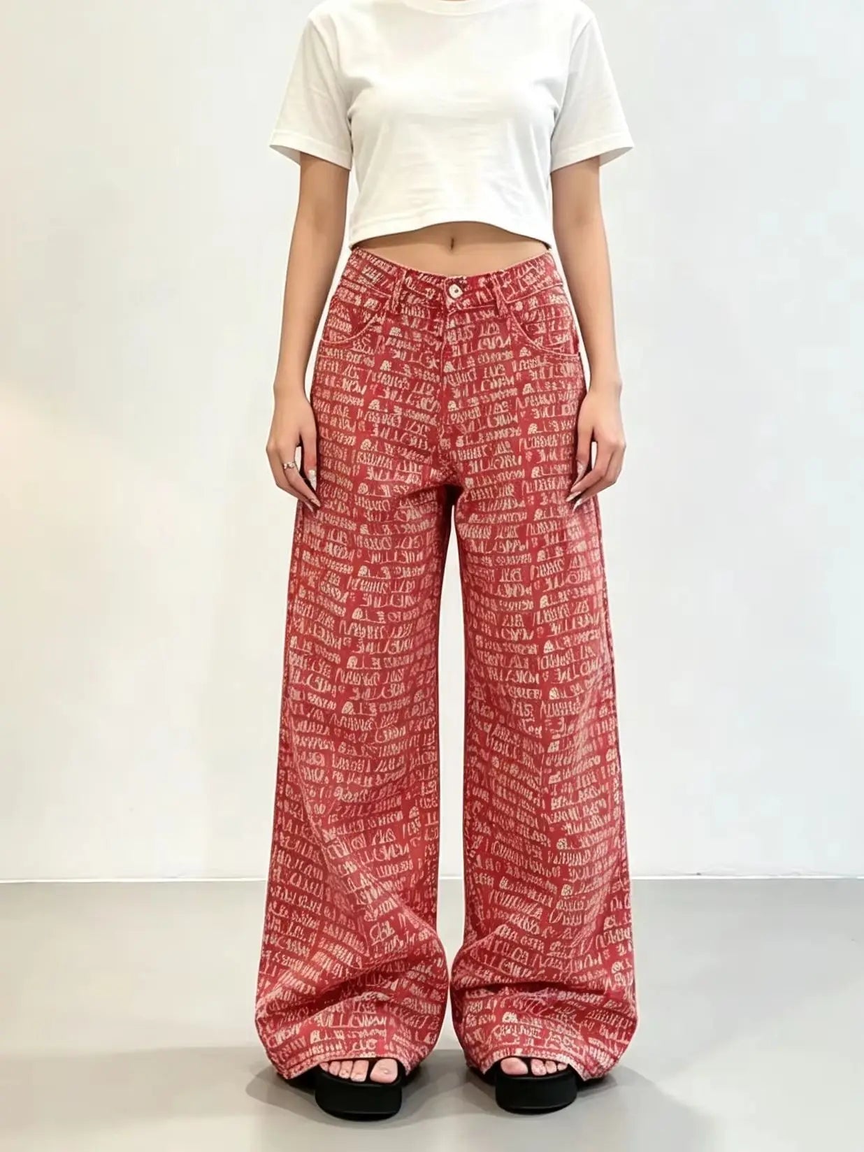 Women's Red Letter Print Casual Denim Long Pants Baggy Y2K Amer...