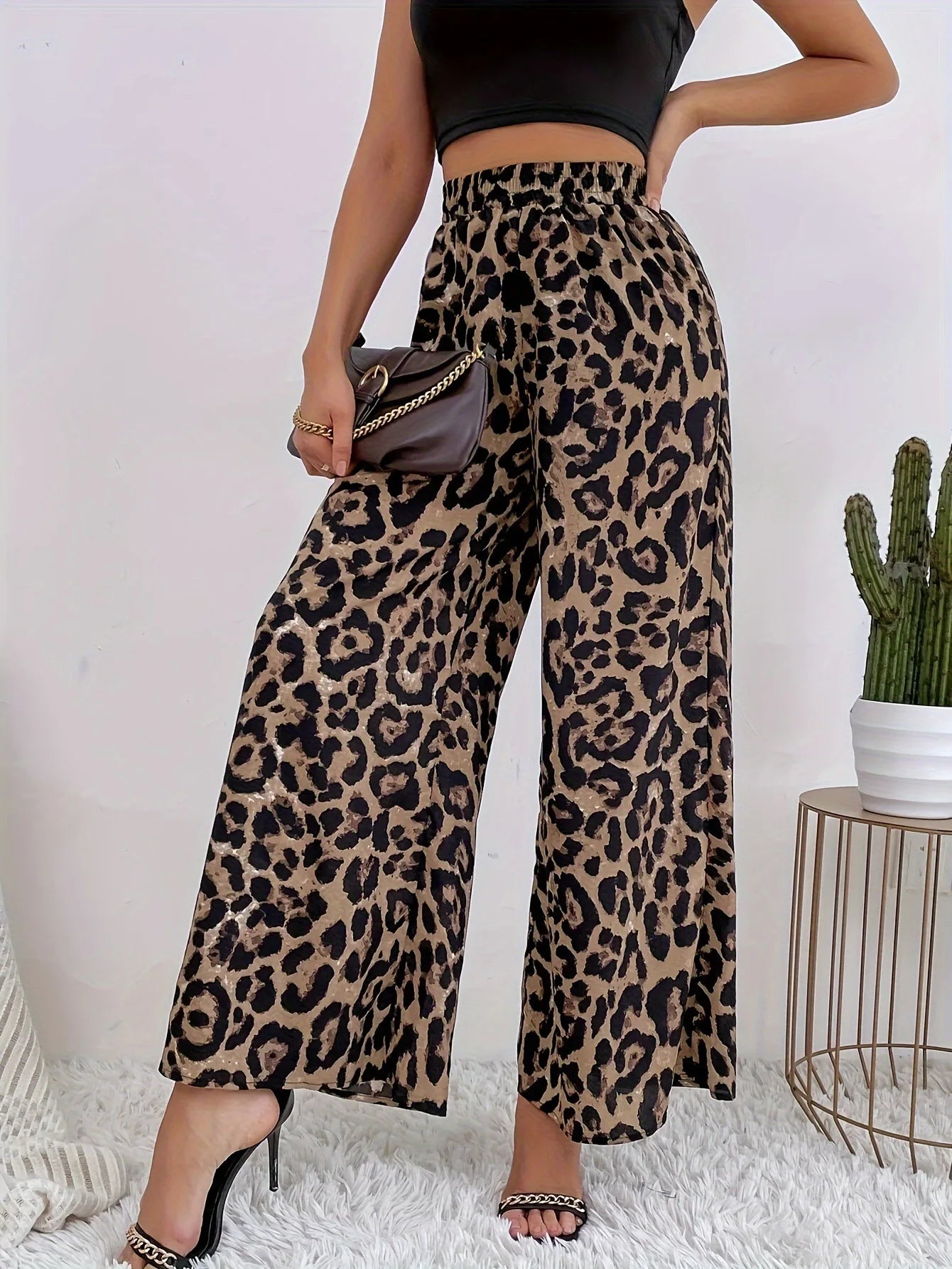 2025 summer INS trendy temperament leopard print casual straight leg women's pants versatile elastic waist wide leg pants