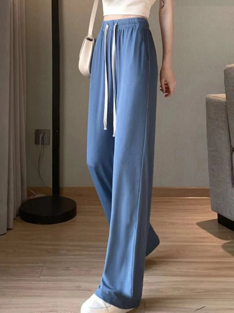 Spring Summer Women Ankle-Length Wide Leg Pants Casual Elastic Waist Loose Ice Silk Pants Trousers Sweatpants Female Clothing