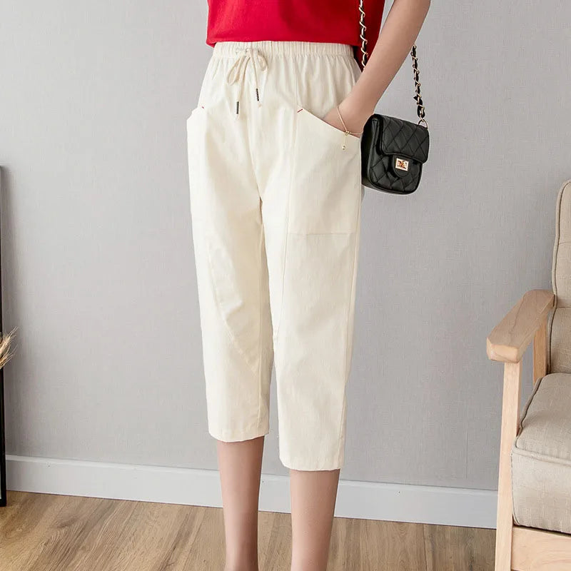 Summer Women Thin Cropped Pants Solid Color Casual All-match Elastic Waist Pencil Pants Woman Simple Basic Pockets Harem Pants
