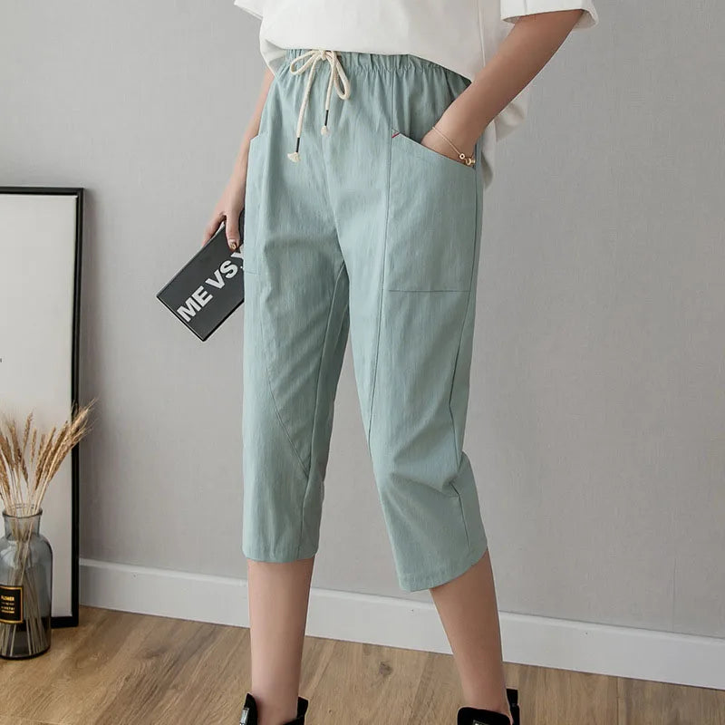 Summer Women Thin Cropped Pants Solid Color Casual All-match Elastic Waist Pencil Pants Woman Simple Basic Pockets Harem Pants