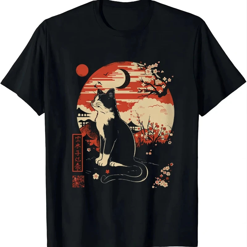 Cute Retro Japanese Style Cat Print T-shirts Summer Women Men F...