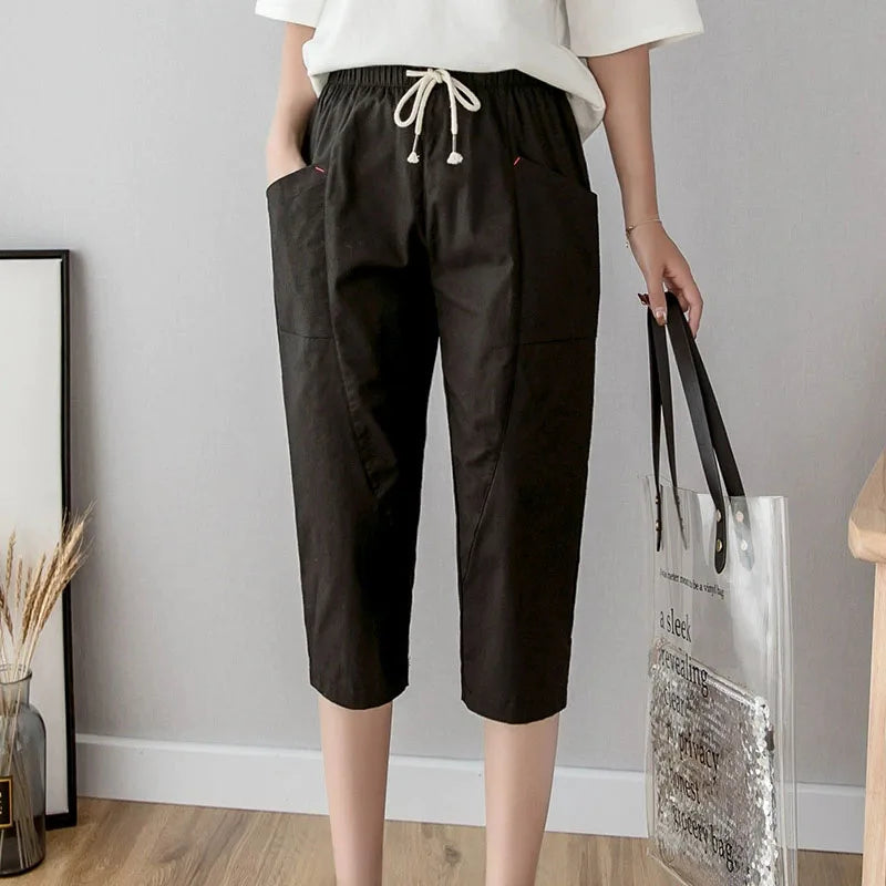 Summer Women Thin Cropped Pants Solid Color Casual All-match Elastic Waist Pencil Pants Woman Simple Basic Pockets Harem Pants