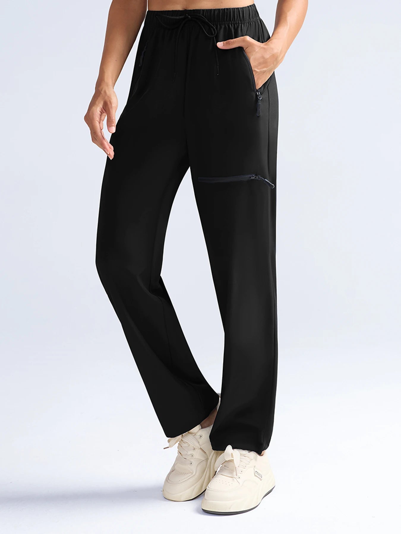 Women's Woven Zipper Pocket Cargo Pants Casual Loose Pants Female Breathable Solid Color Drawstring Jogger Yoga Baggy Trousers