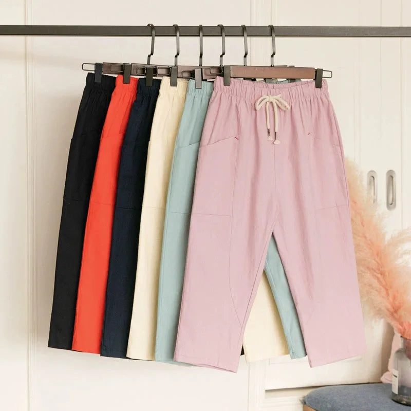 Summer Women Thin Cropped Pants Solid Color Casual All-match Elastic Waist Pencil Pants Woman Simple Basic Pockets Harem Pants