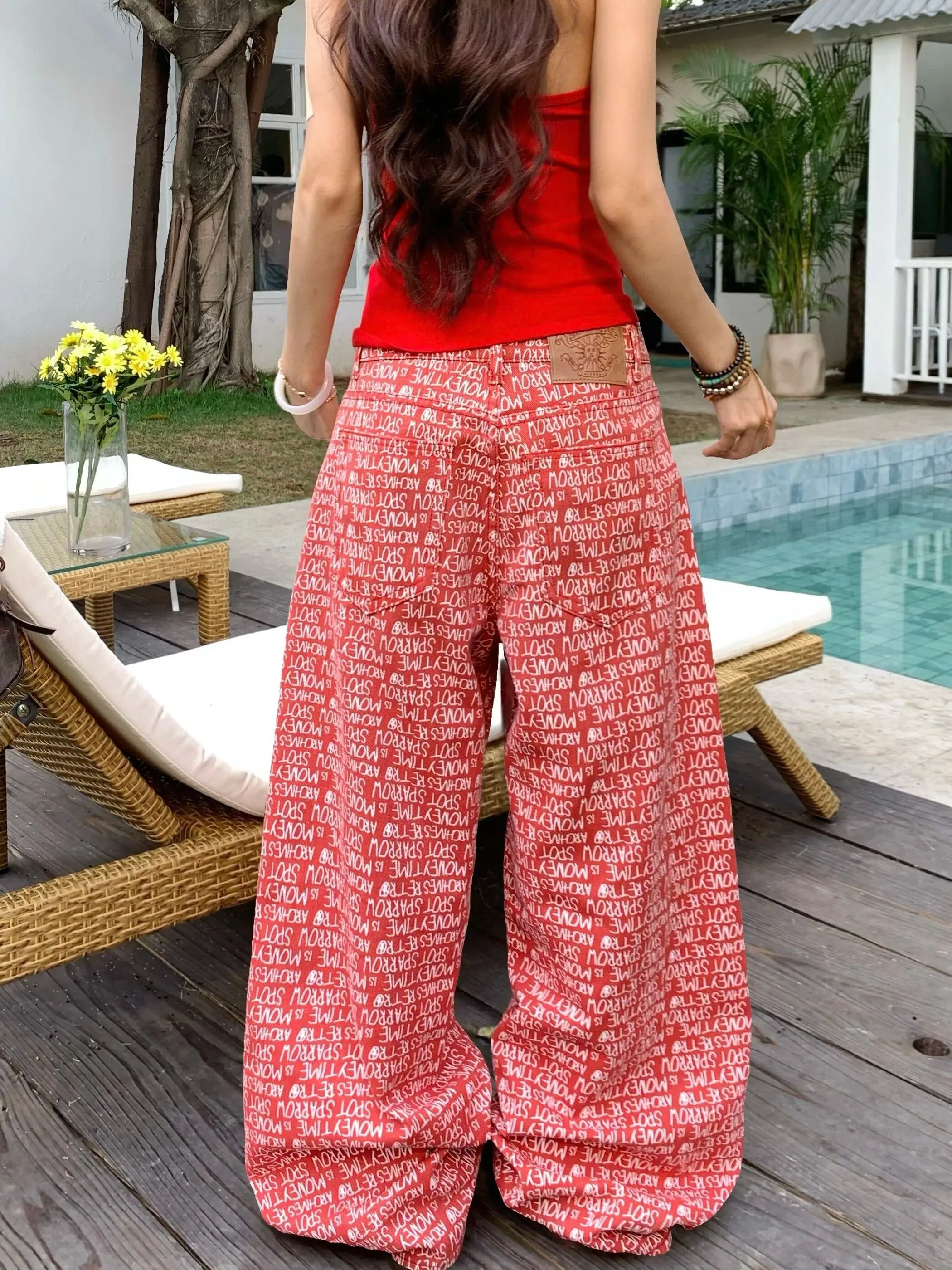Women's Red Letter Print Casual Denim Long Pants Baggy Y2K American Streetwear Aesthetic 2000S Retro Denim Jeans Clothing 2026