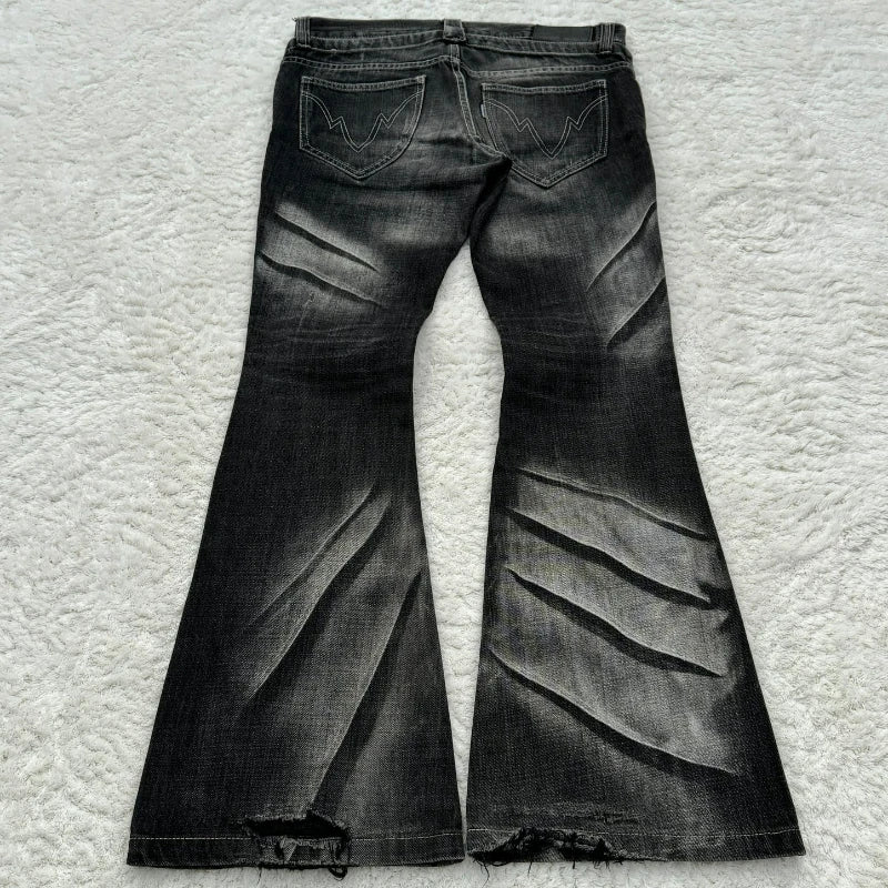 New Y2K Retro Flared Women Jeans Gothic Men Double Waist Strappy Jeans Washed Scratched Streetwear Unisex Boot Cut Jeans
