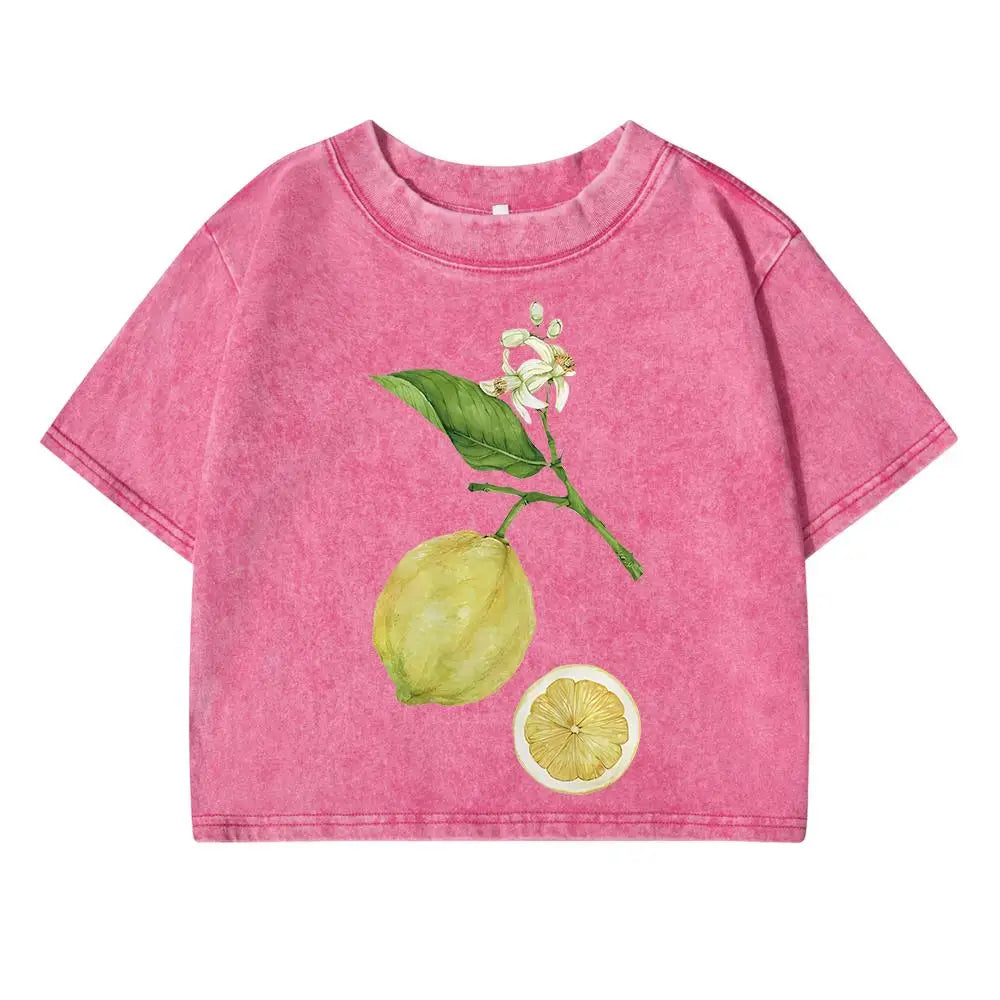 Lemon Branches Simple Printing Female Washed Short T-Shirt Summ...