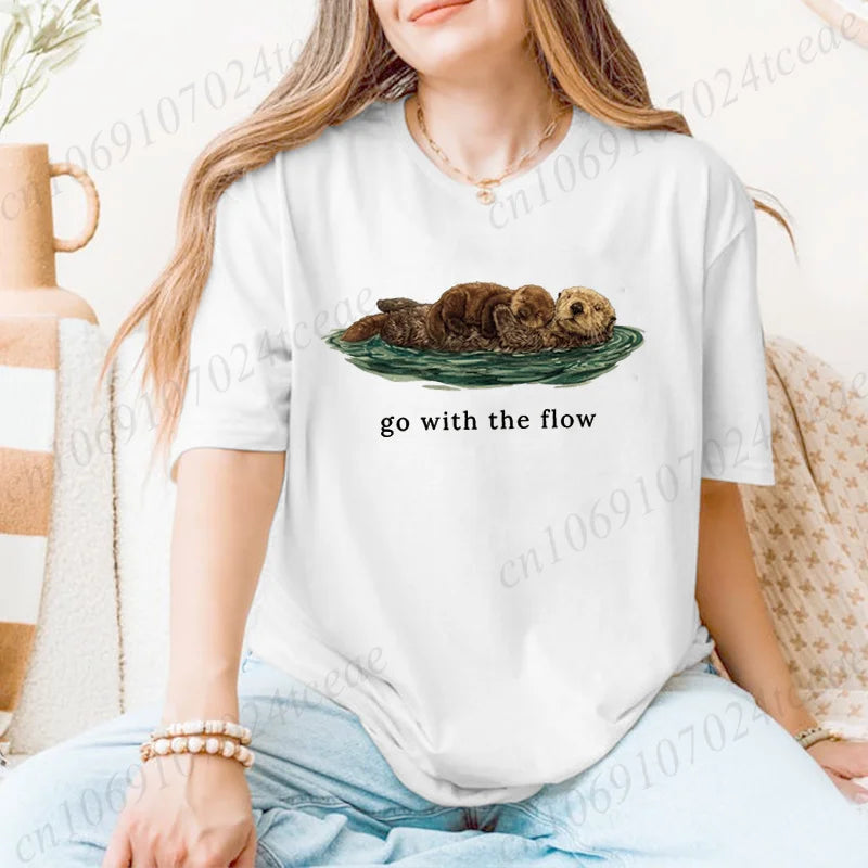 Go with The Flow Shirt,Cute Otter Print Women's T-Shirts,Sea Ot...