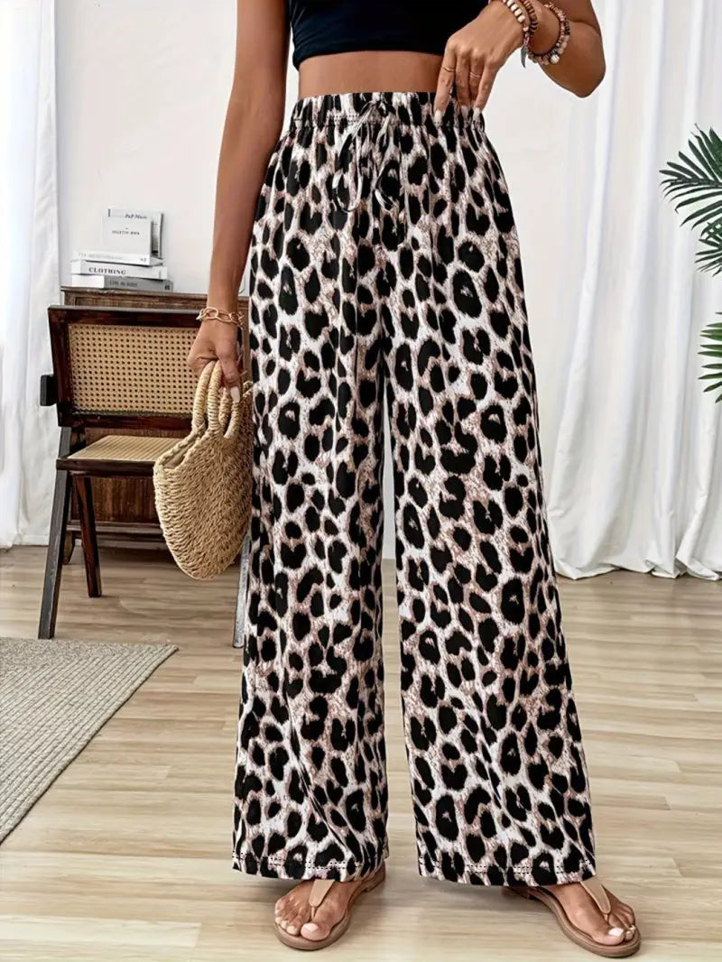 Retro Classic Leopard Print High-Waisted Wide-Leg Pants Loose Casual Floor-Length Trousers